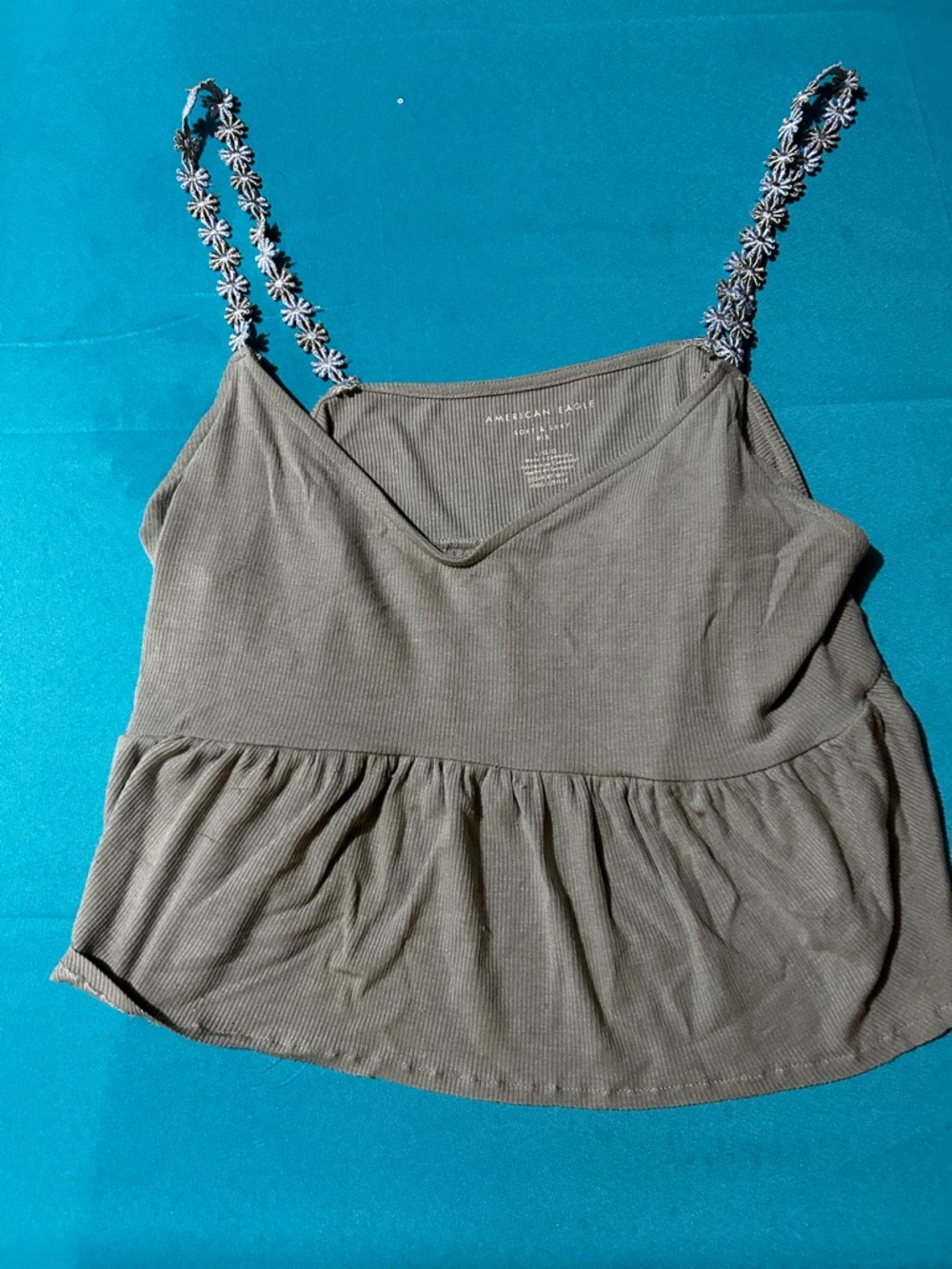 American Eagle Outfitters Olive Ribbed Peplum Cami with Daisy-Strap Detail